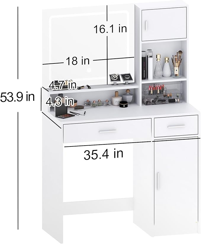 vanity desk with a built-in mirror and LED light strip