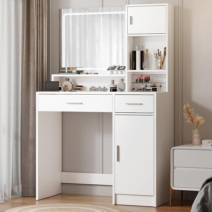 vanity desk with a built-in mirror and LED light strip