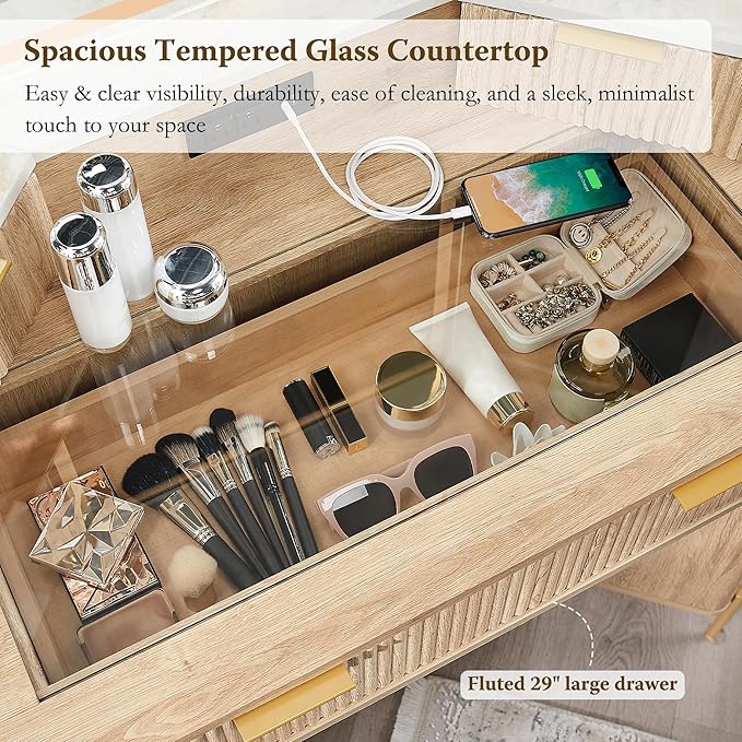 T4TREAM 48'' Fluted Makeup Vanity Desk in Natural Oak