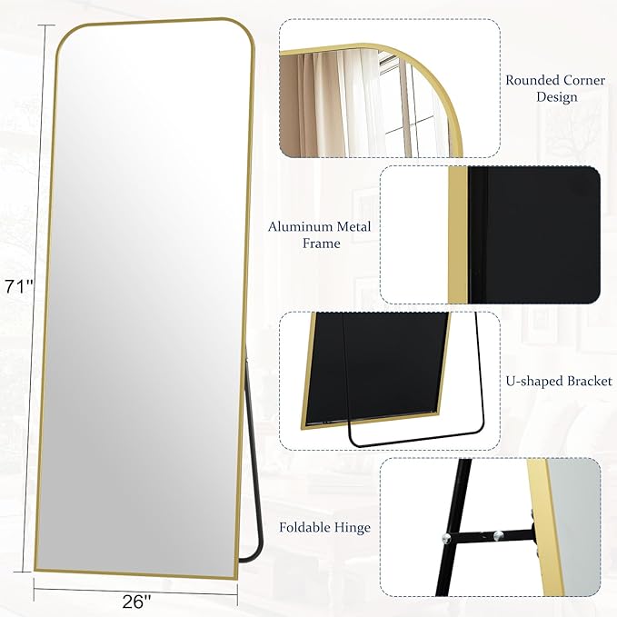 71"x26" arched full-length mirror with a gold aluminum frame