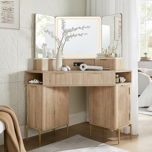 T4TREAM 48'' Fluted Makeup Vanity Desk in Natural Oak